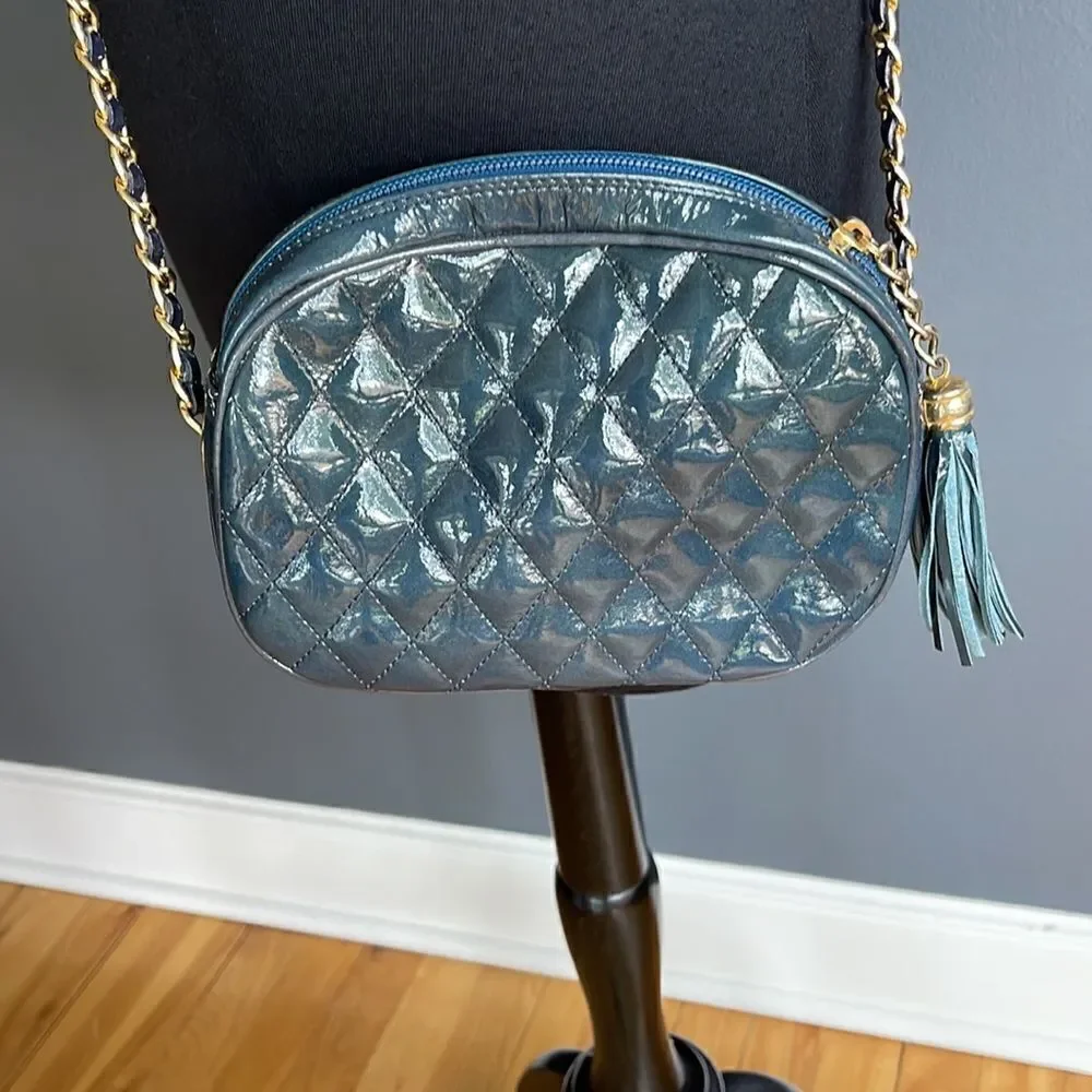 Nordstrom deep teal quilted patent leather woven chain crossbody bag. Tassel zip